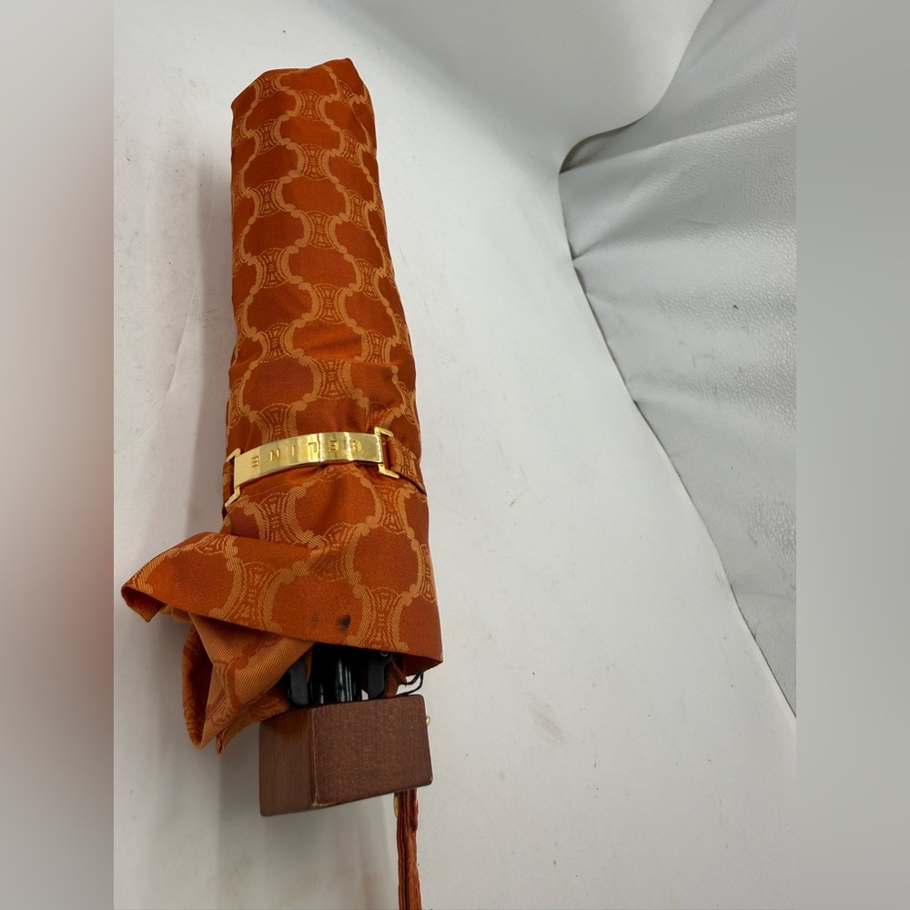 Celine Folding Umbrella Gold orange Macadam Carbon Ribs Genuine Authentic